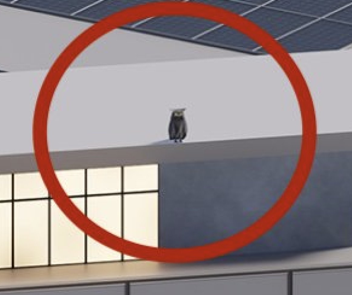 CyberOwl 特写——栖在Tesla工厂屋顶的猫头鹰形飞行机器人,红圈标注