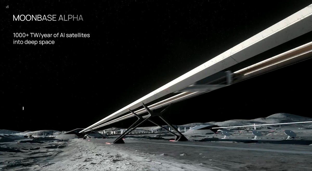 SpaceX 月球基地的电磁质量投射器(mass driver)想象图 · 图源:原文 / SpaceX