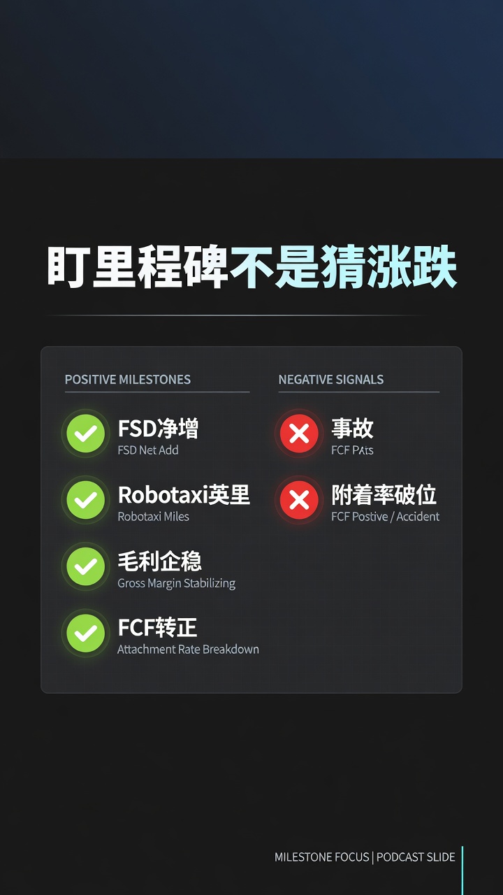 盯里程碑：FSD 净增、英里、毛利、FCF